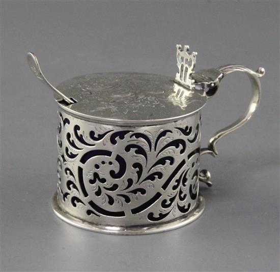 A William IV engraved silver drum shaped mustard by Edward Farrell, height 7.5cm.